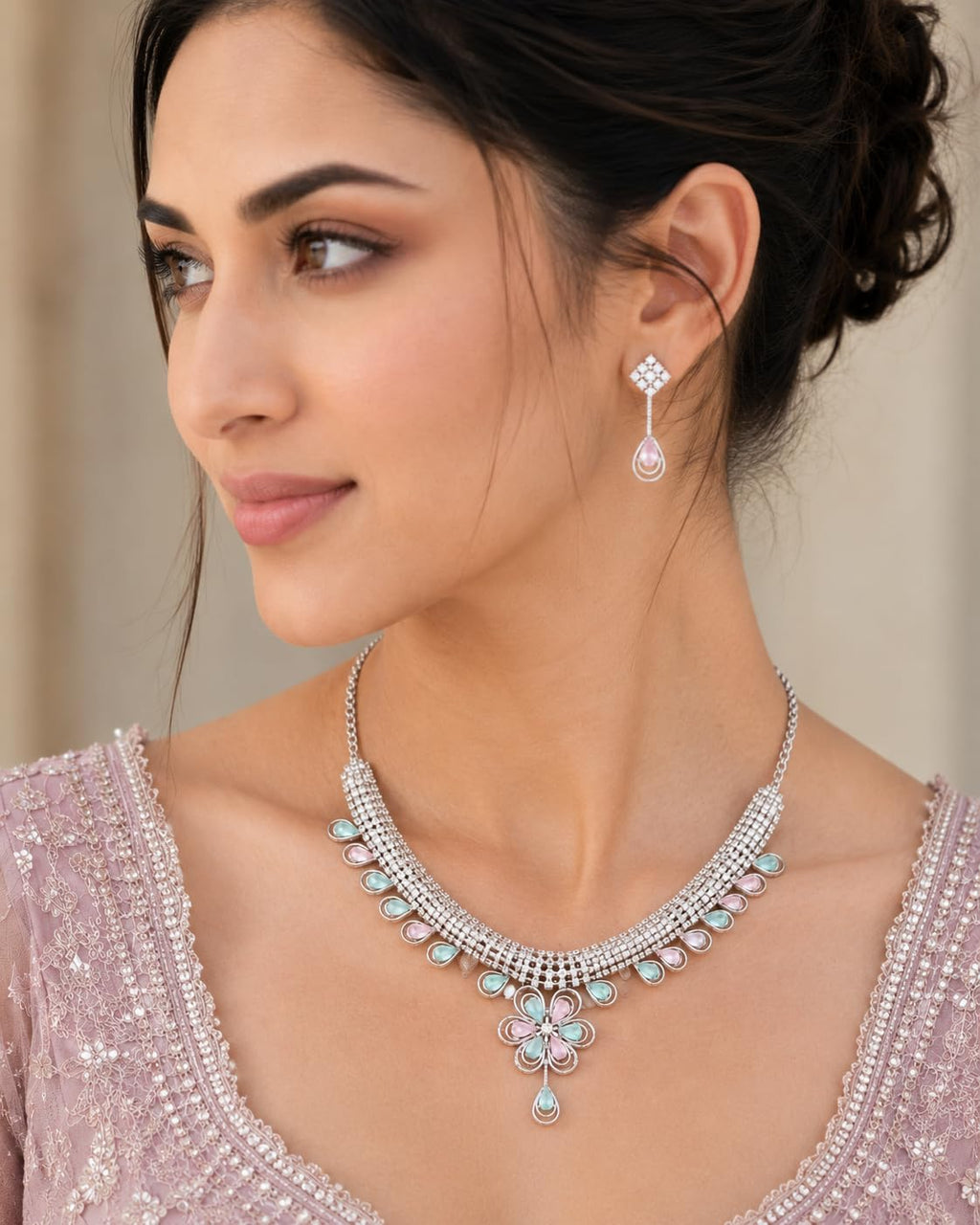 Aishri Floral Crystal Necklace Set with Pink and Mint Green Stones
