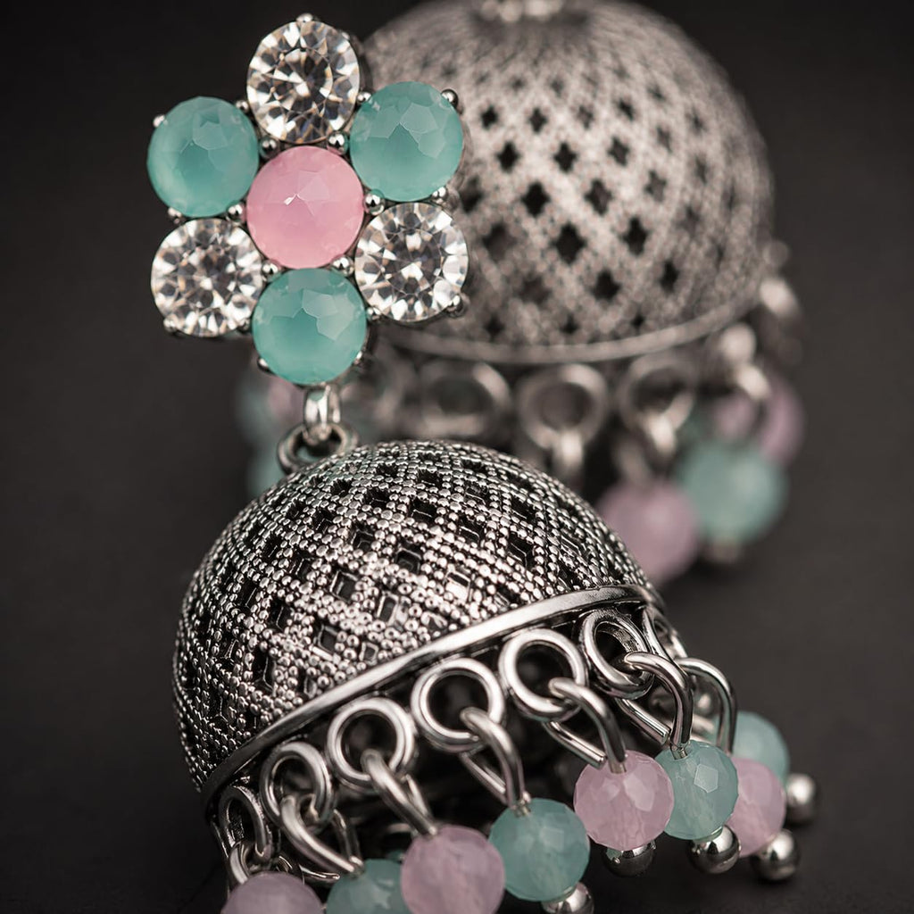Aishri Oxidized Floral Stone Jhumka Earrings