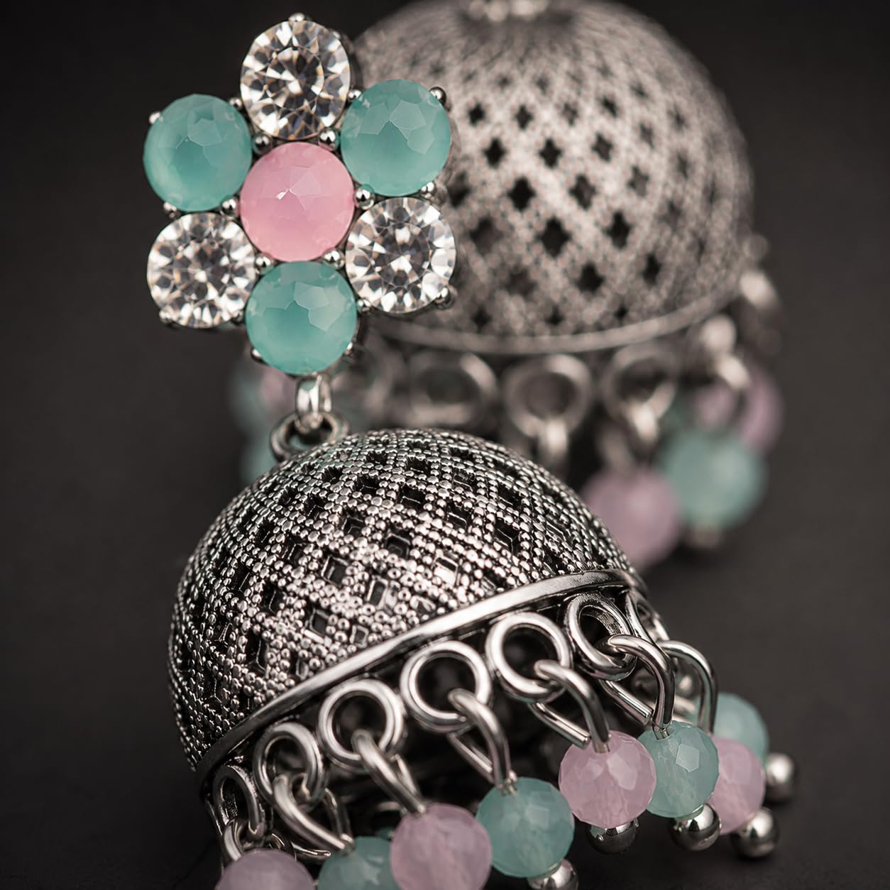 Aishri Oxidized Floral Stone Jhumka Earrings