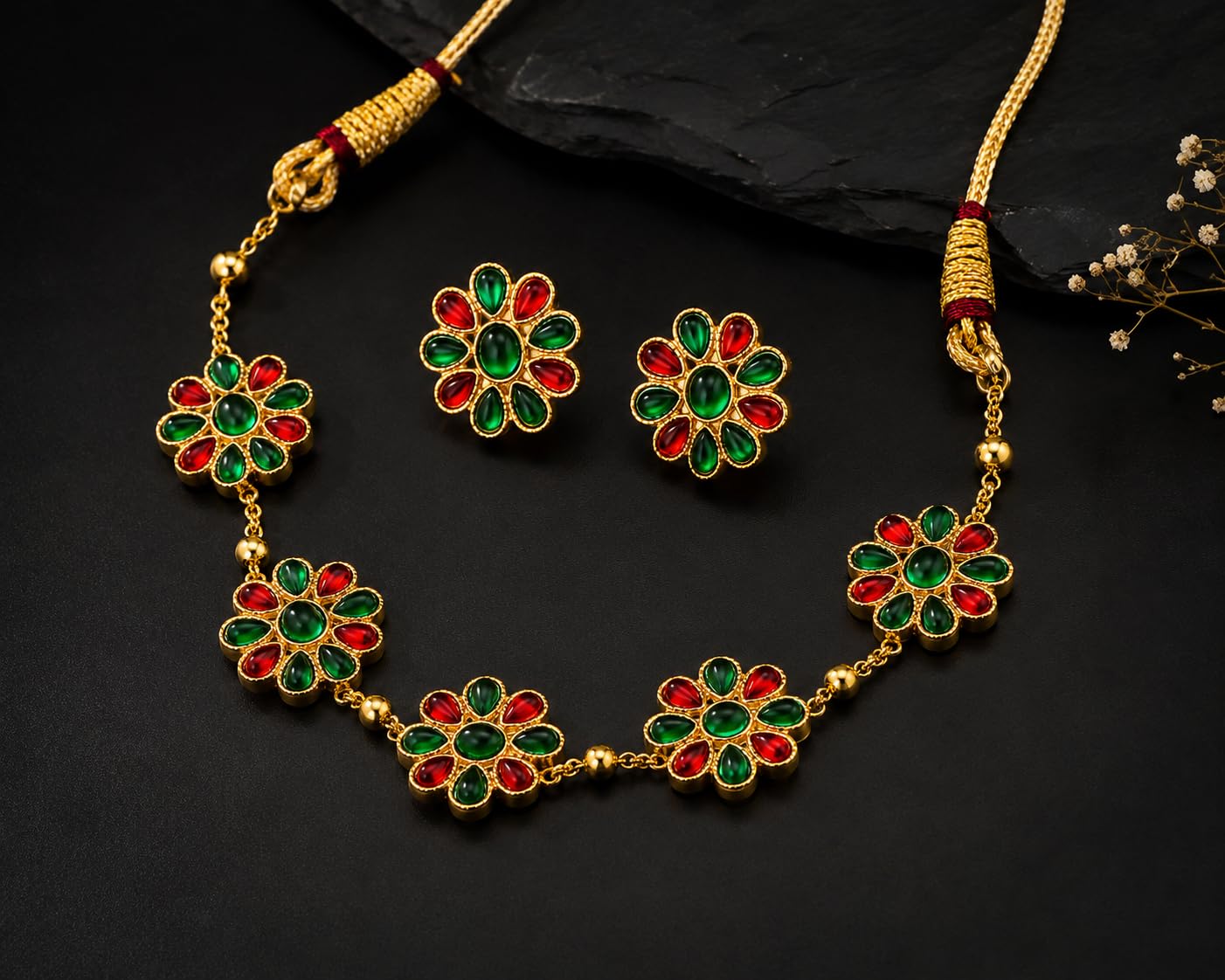Aishri Red Green Floral Necklace Set