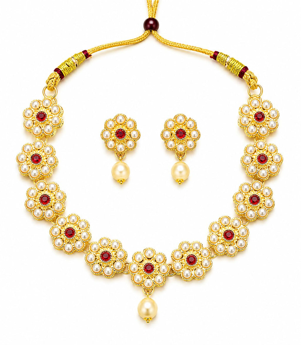 Aishri Ruby Floral Pearl Necklace Set
