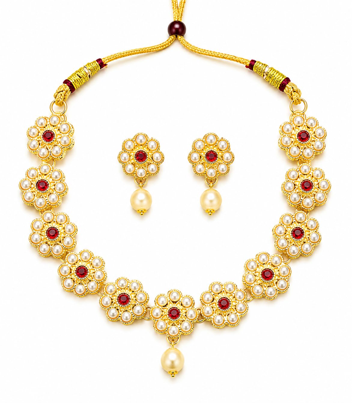 Aishri Ruby Floral Pearl Necklace Set