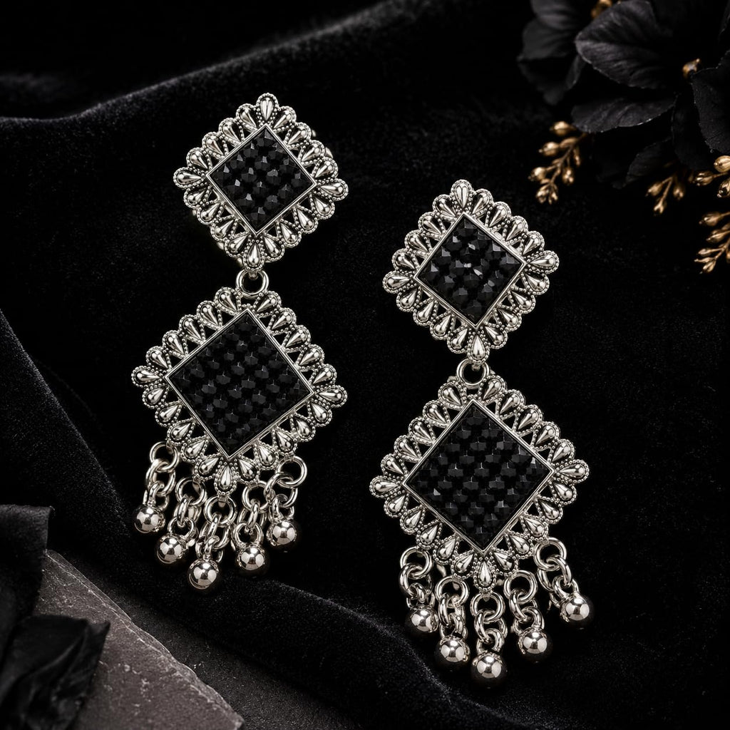 Aishri Silver Tone Black Stone Dangle Earrings