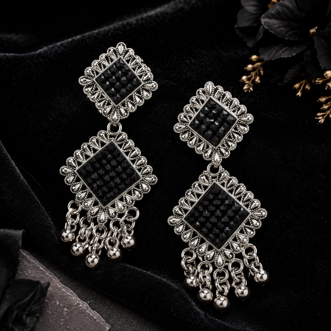 Aishri Silver Tone Black Stone Dangle Earrings