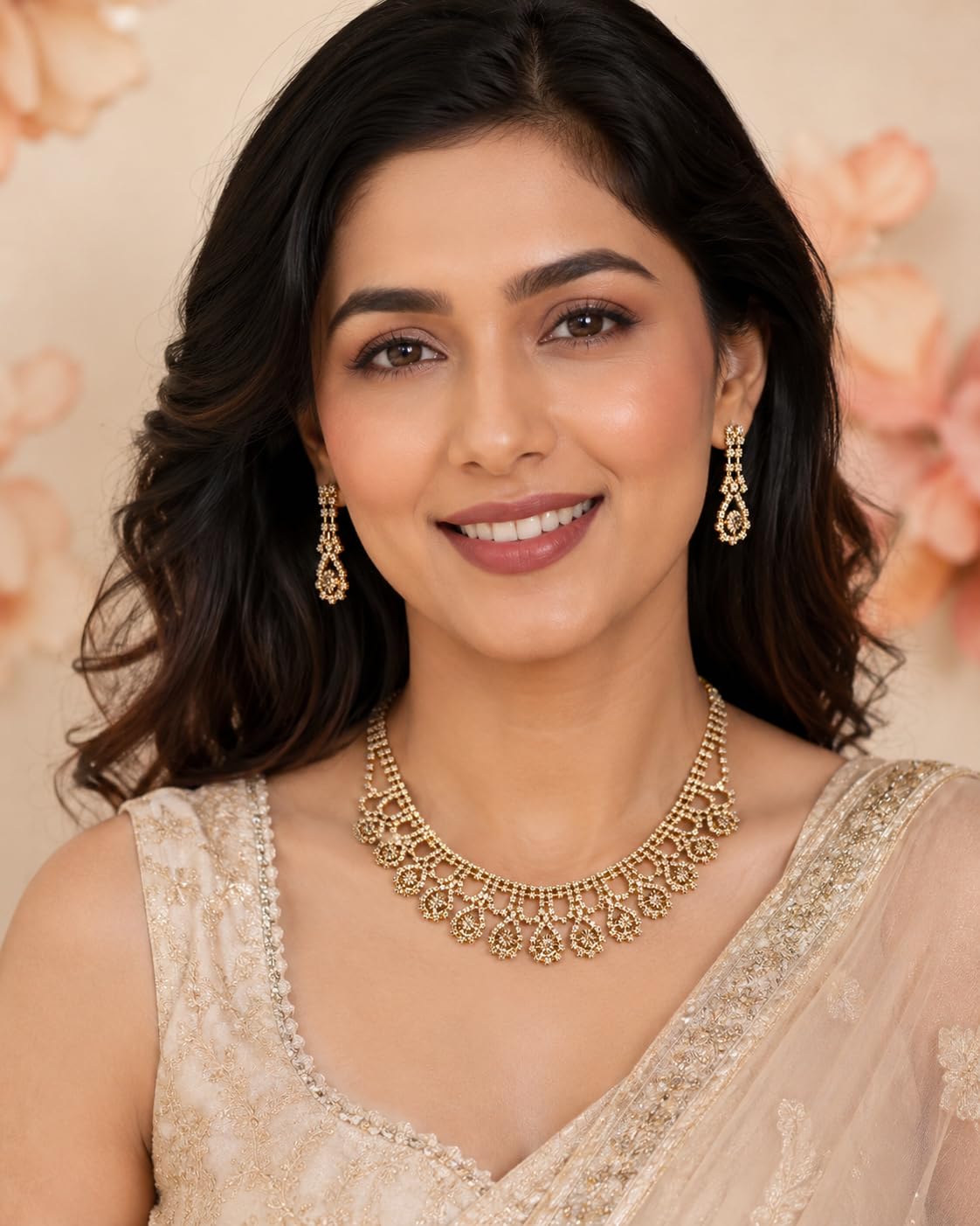 Aishri Champagne American Diamond Necklace Set with Matching Earrings
