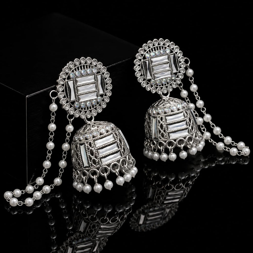 Aishri Silver Tone Jhumka Earrings with Pearl Sahara Chain Bridal Jewellery