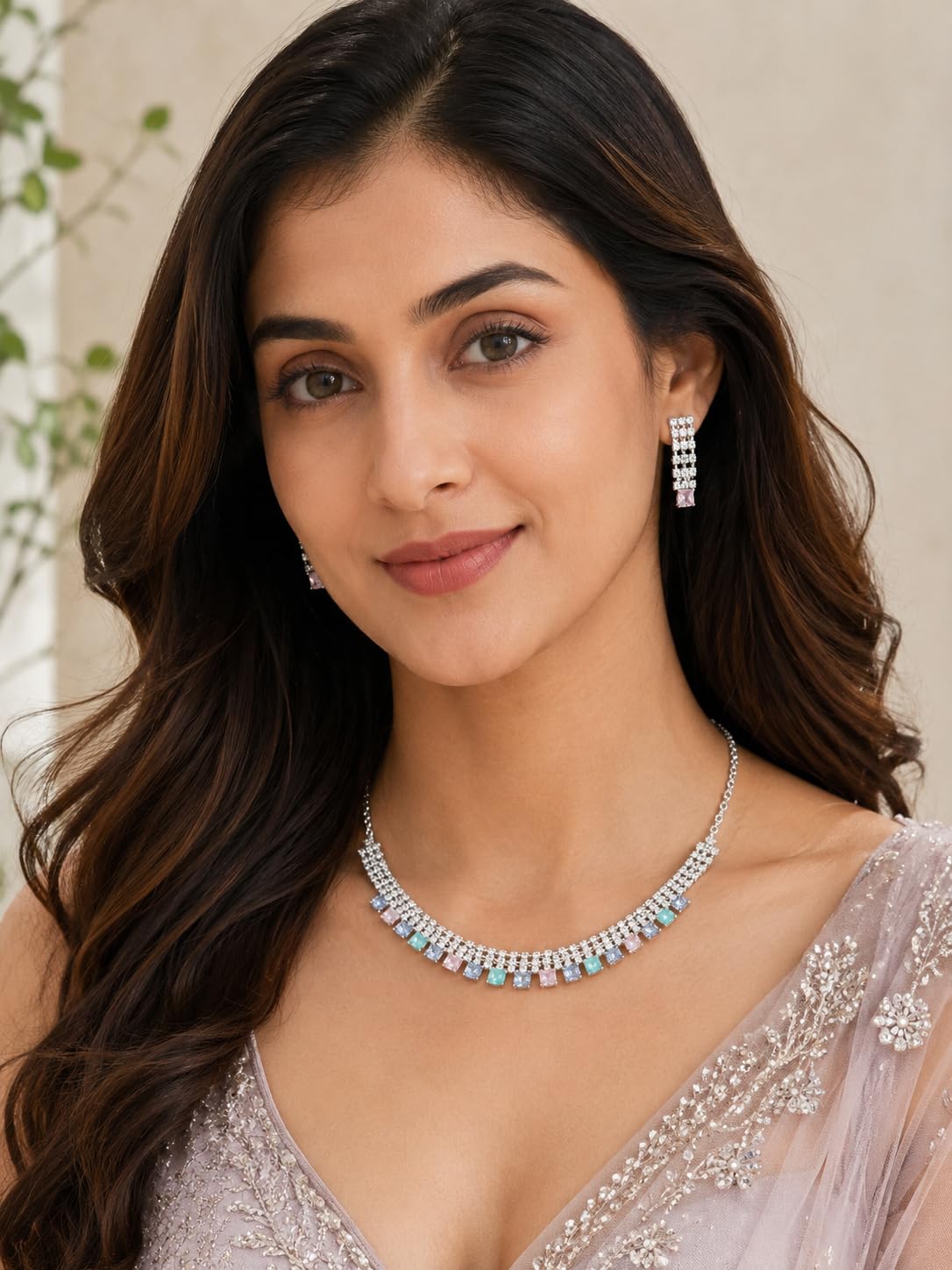 Aishri Multicolor American Diamond Necklace Set with Matching Earrings