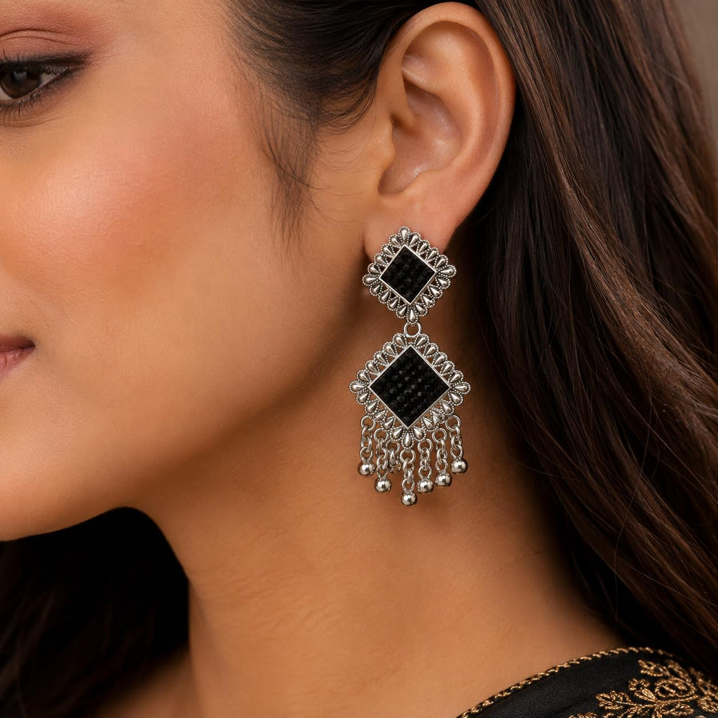 Aishri Silver Tone Black Stone Dangle Earrings