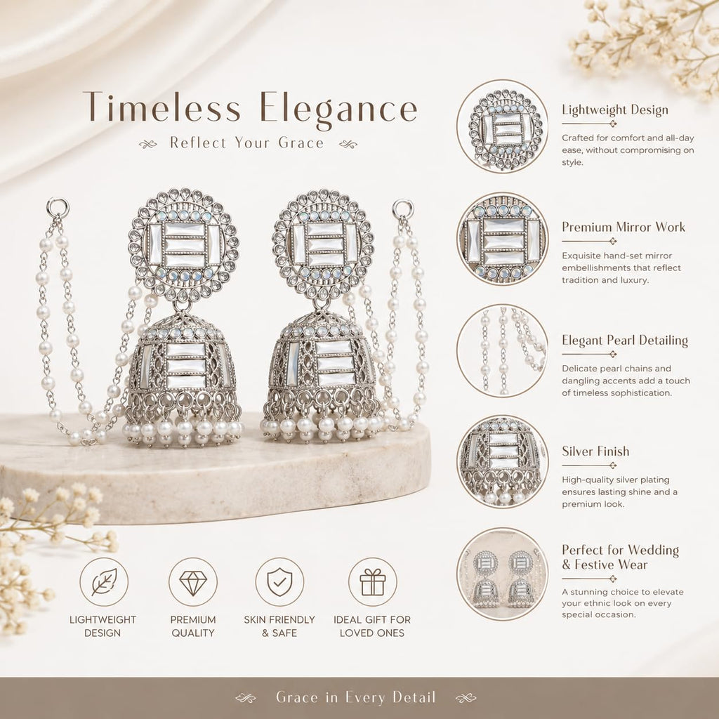 Aishri Silver Tone Jhumka Earrings with Pearl Sahara Chain Bridal Jewellery