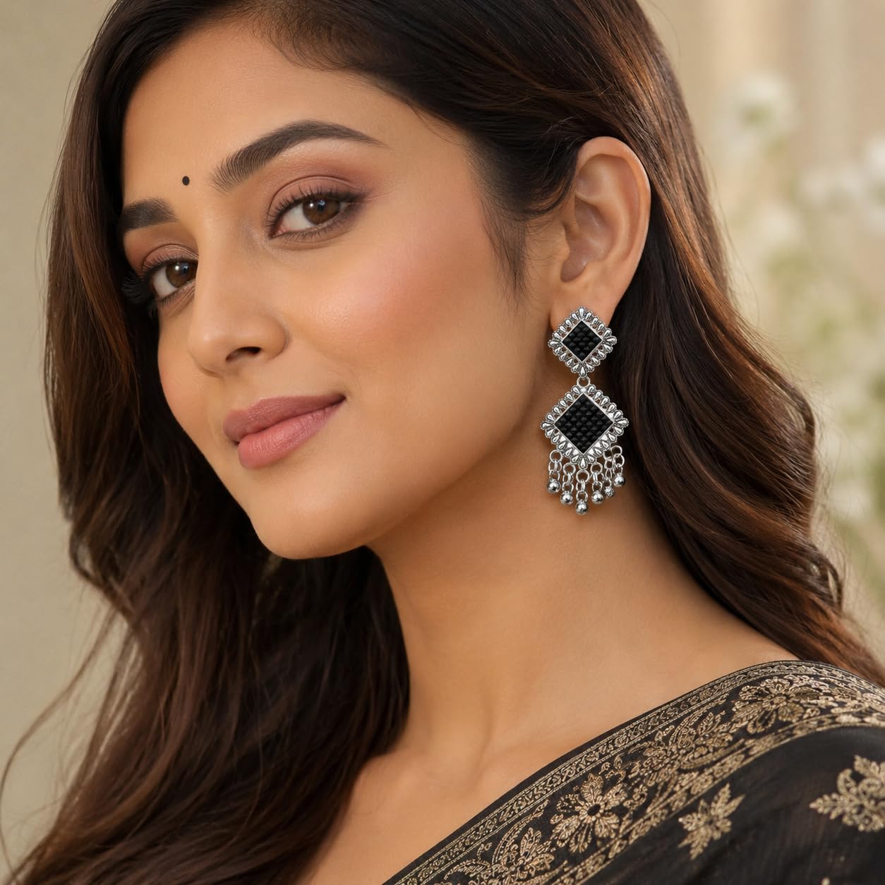 Aishri Silver Tone Black Stone Dangle Earrings