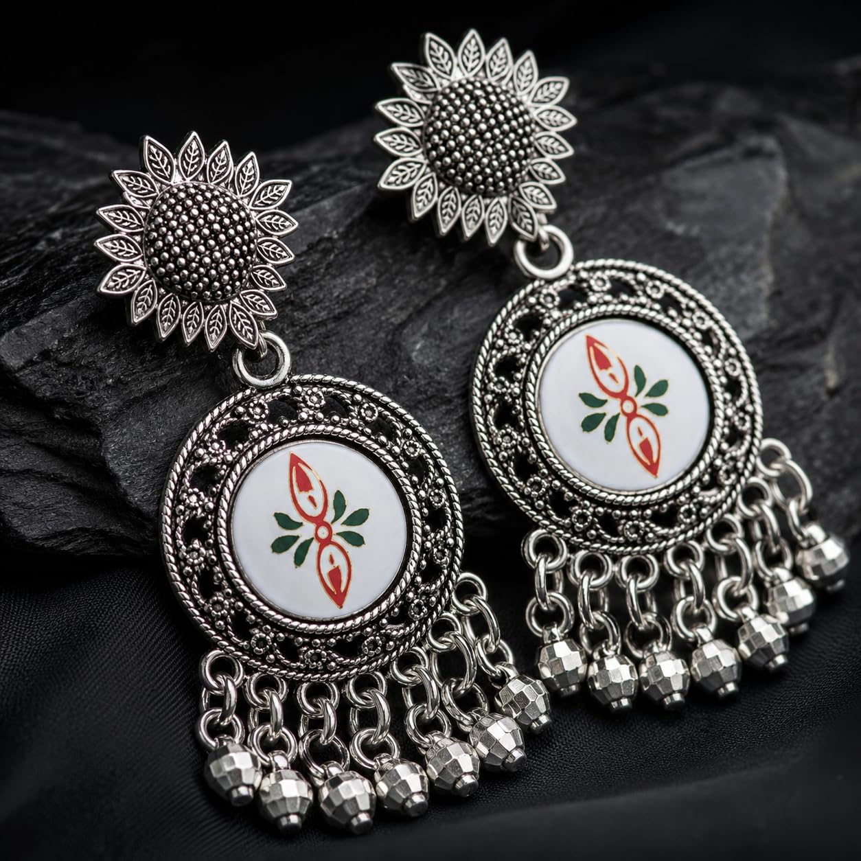 Aishri Oxidized Silver White Enamel Dangle Earrings