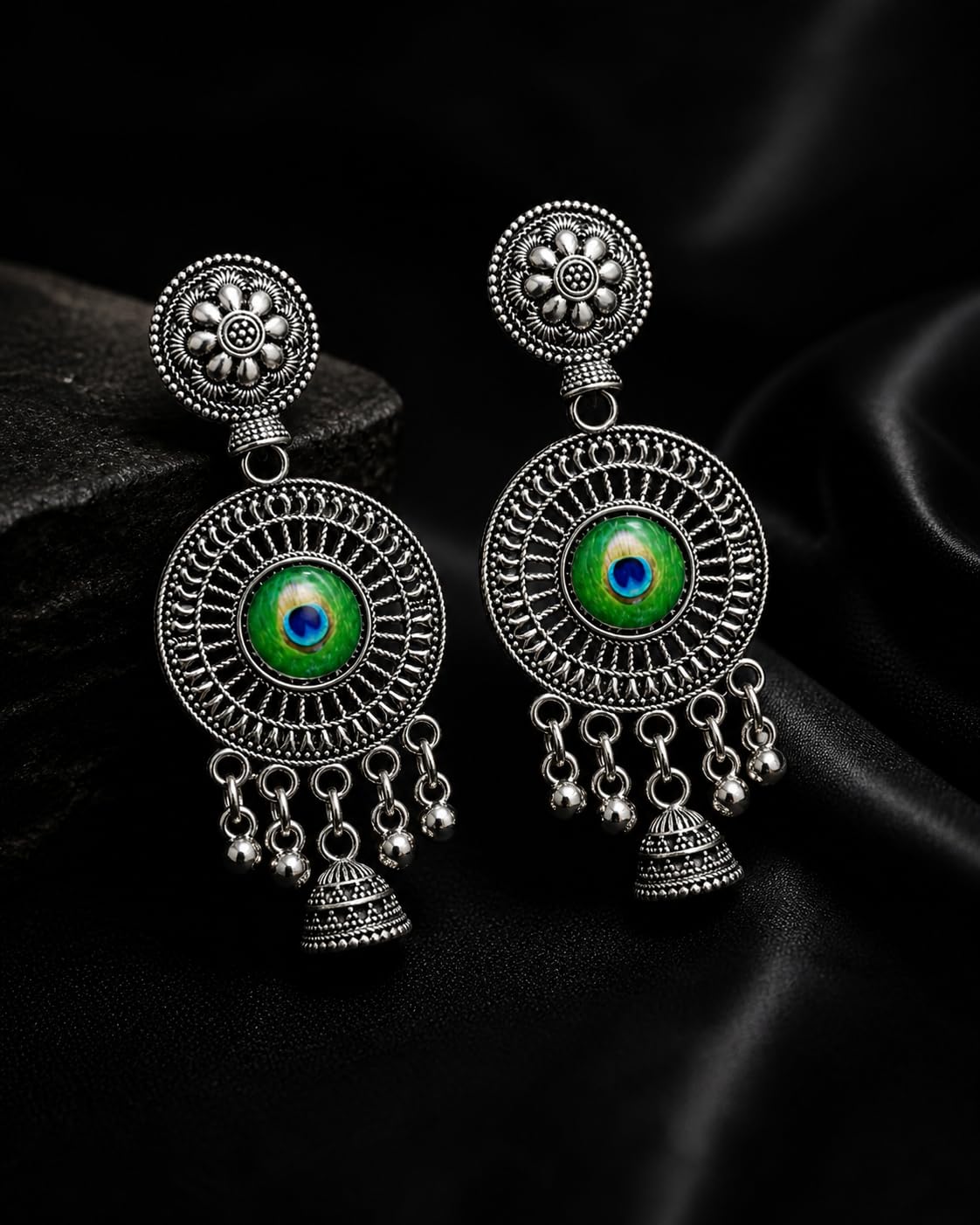 Aishri Oxidised Silver Tone Drop Earrings