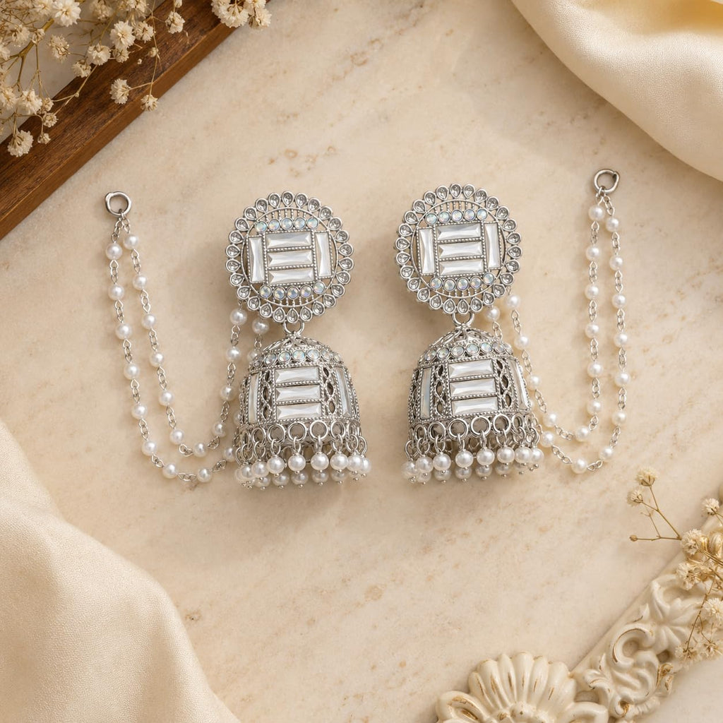 Aishri Silver Tone Jhumka Earrings with Pearl Sahara Chain Bridal Jewellery