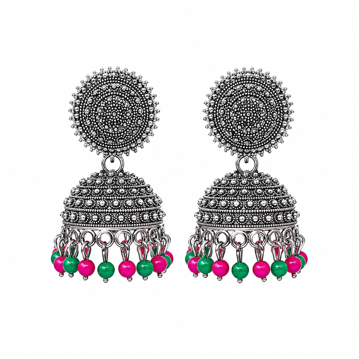 Aishri Oxidized Silver Beaded Jhumka Earrings