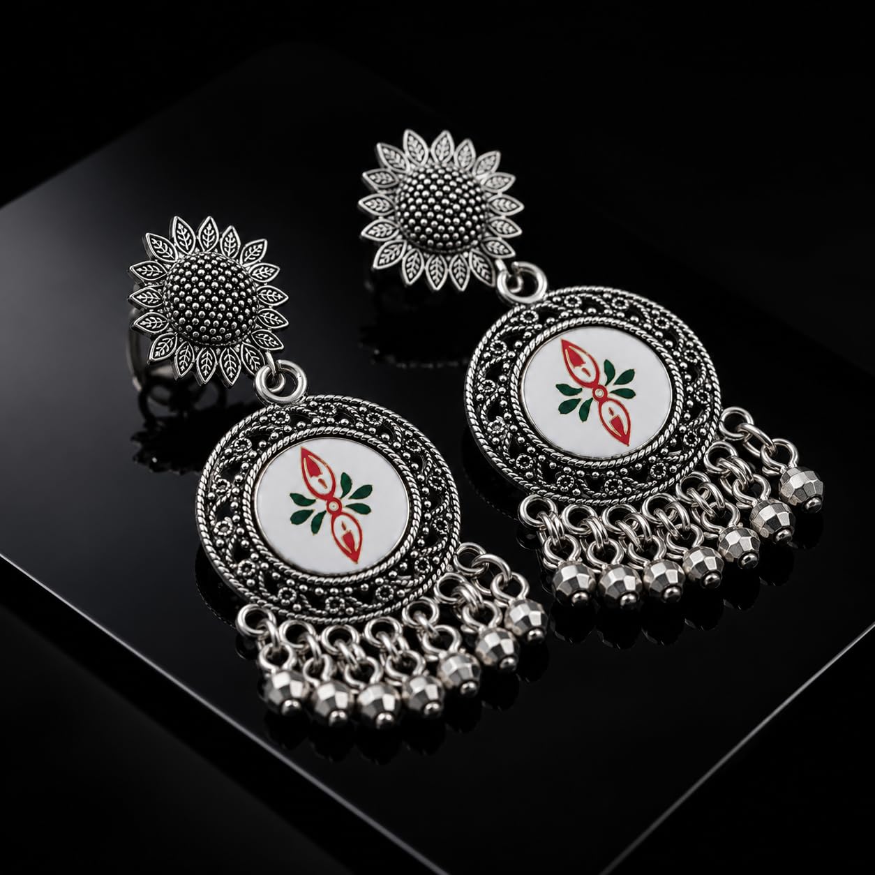 Aishri Oxidized Silver White Enamel Dangle Earrings