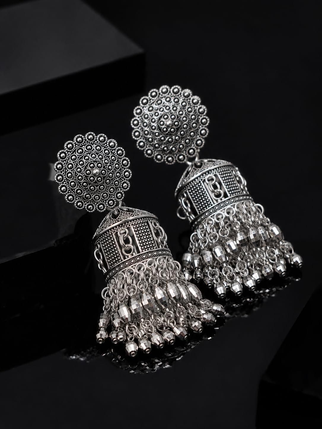 Aishri Oxidized Silver Long Tassel Ghungroo Jhumka Earrings