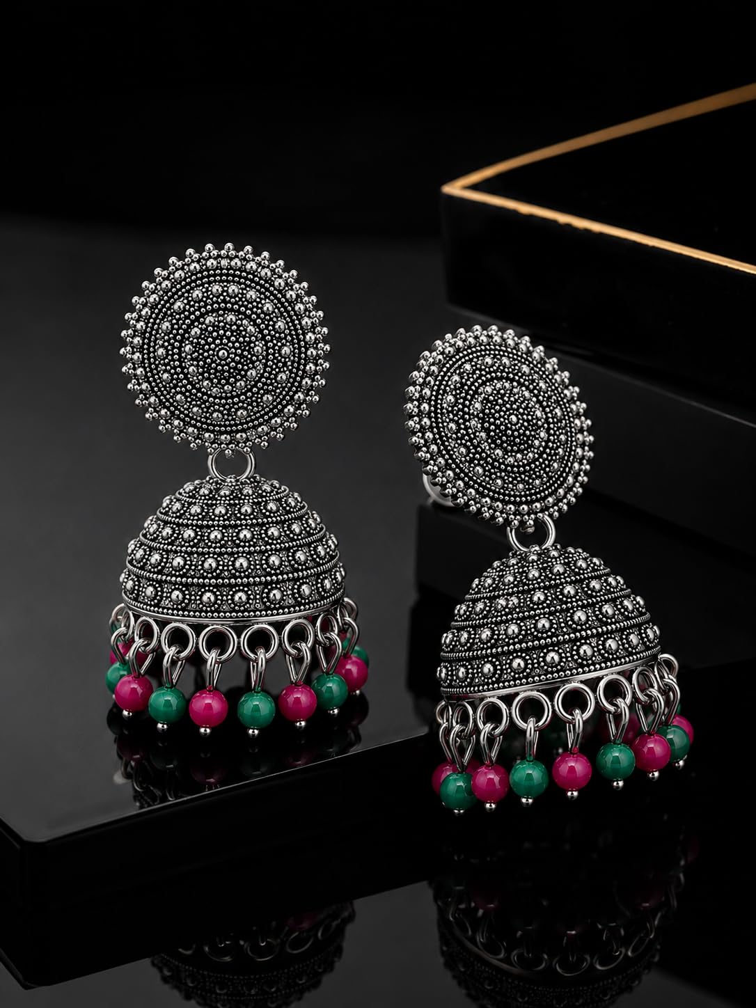 Aishri Oxidized Silver Beaded Jhumka Earrings