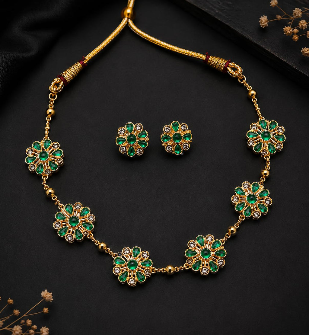 Aishri Green Floral Necklace Set