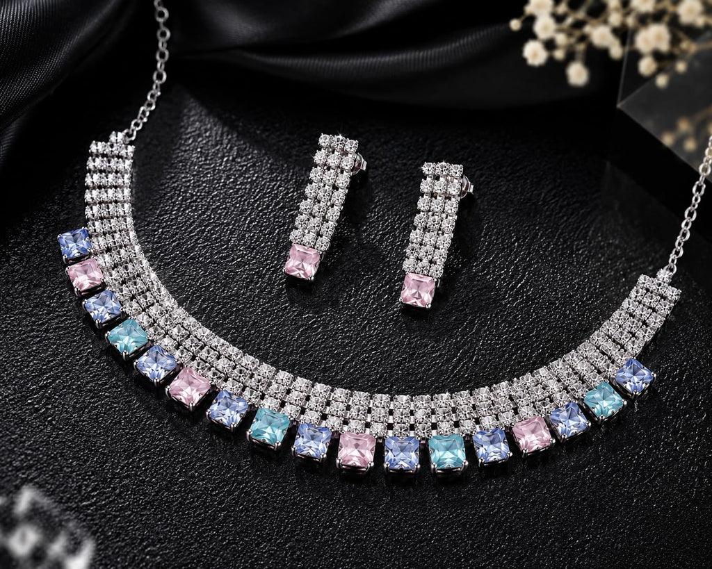 Aishri Multicolor American Diamond Necklace Set with Matching Earrings
