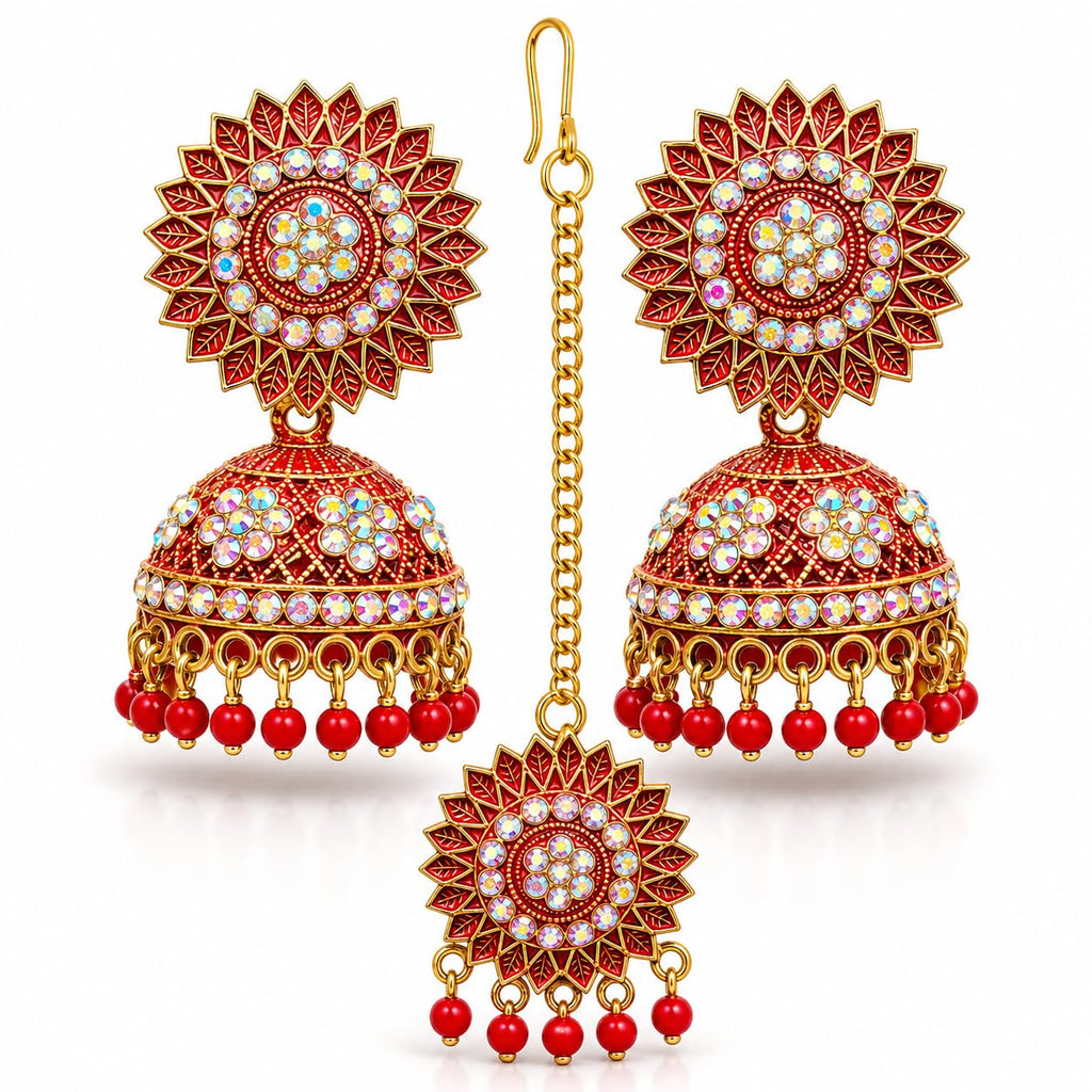 Aishri Red Stone Jhumka Earrings with Maang Tikka Set