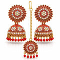 Aishri Red Stone Jhumka Earrings with Maang Tikka Set