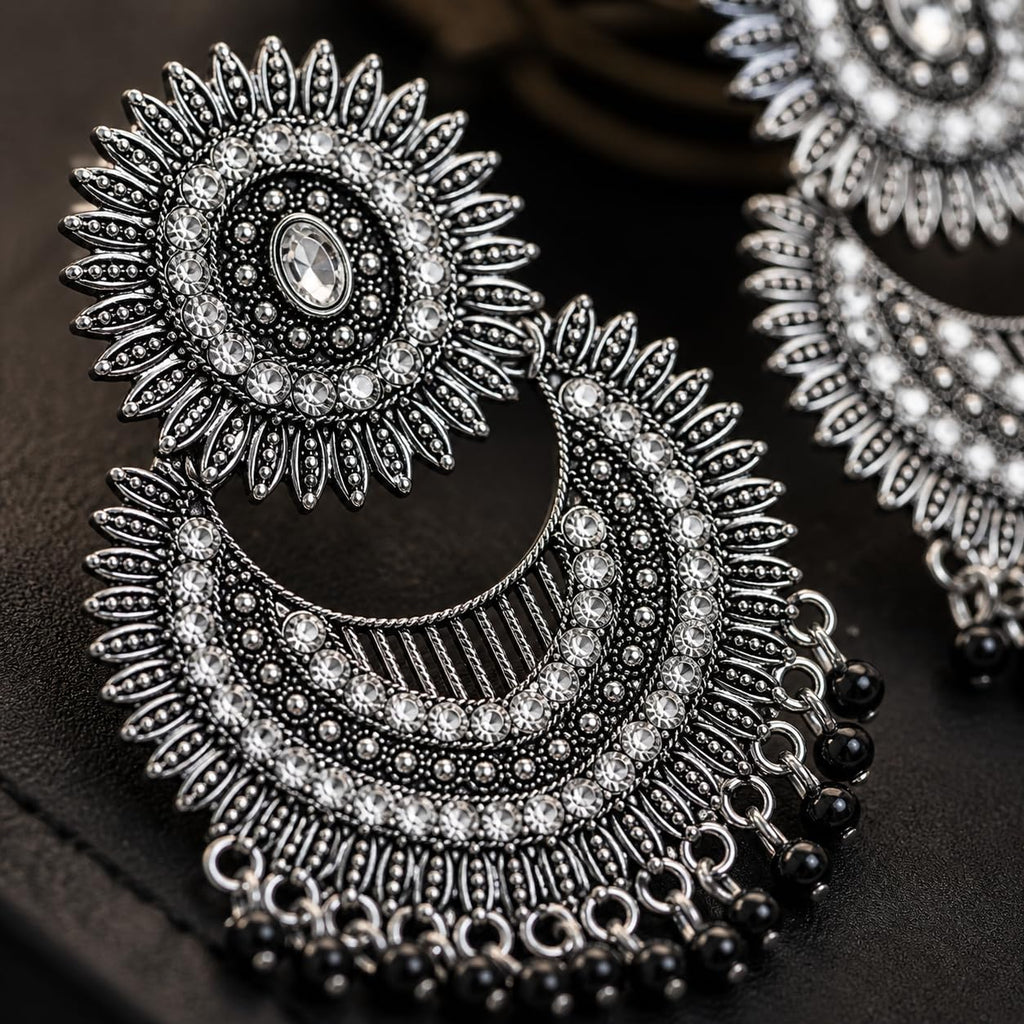 Aishri Oxidised Silver Tone Chandbali Dangle Earrings